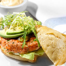 Swedish style salmon and dill burger with avocado and lime mayonnaise