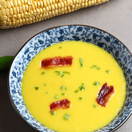 Spicy sweetcorn soup with chilli and pancetta