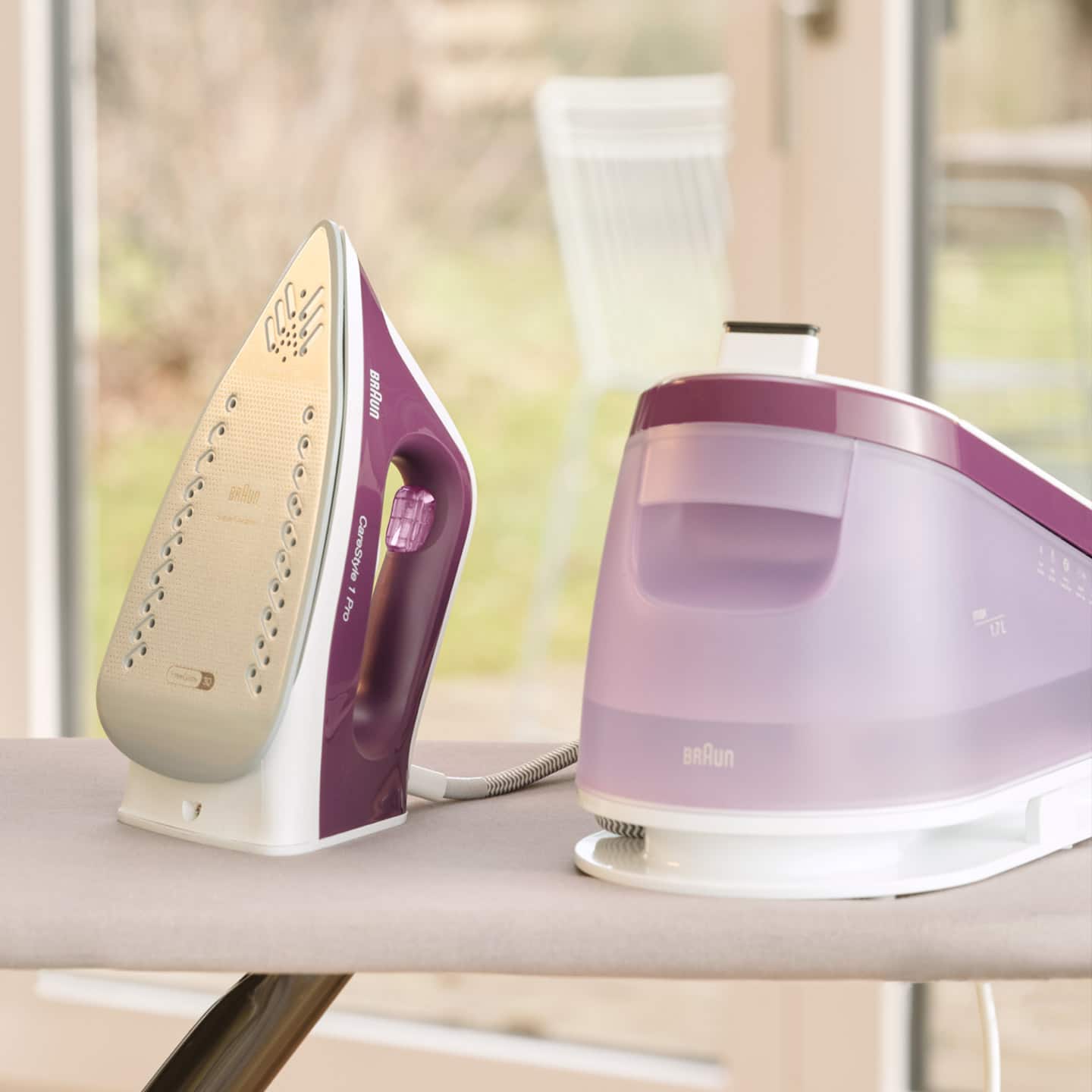 A purple iron and a white cleaning supply placed on a table
