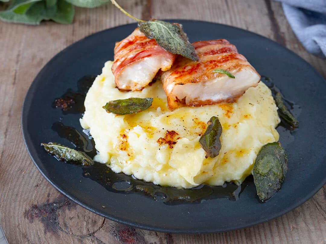 Day 1: Mashed potatoes with codfish saltimbocca & sage butter.