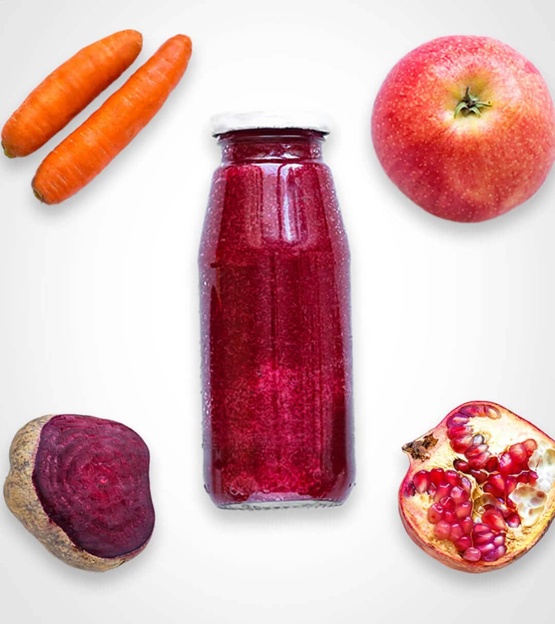 Bottle with red smoothie and fruit around