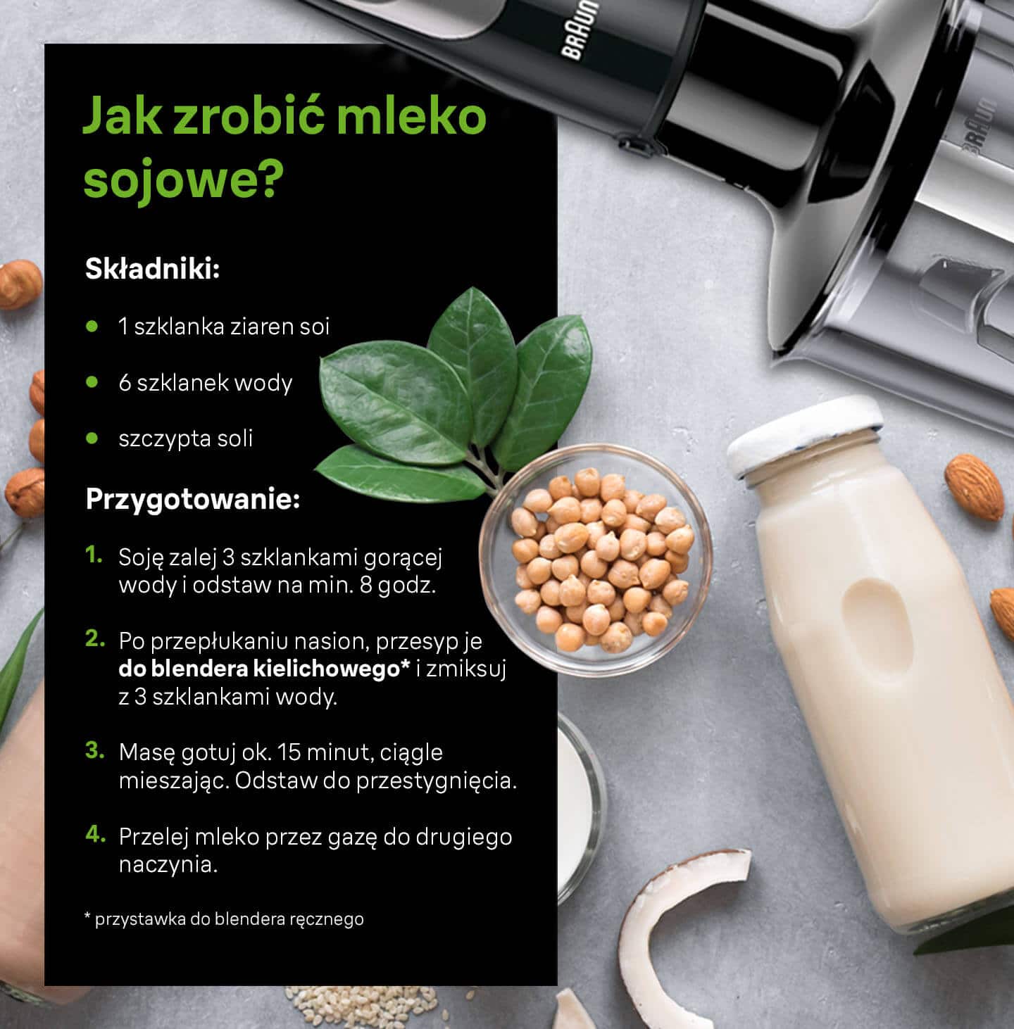 Jak zrobić mleko sojowe? Potrzebne składniki i sposób przygotowania - infografika