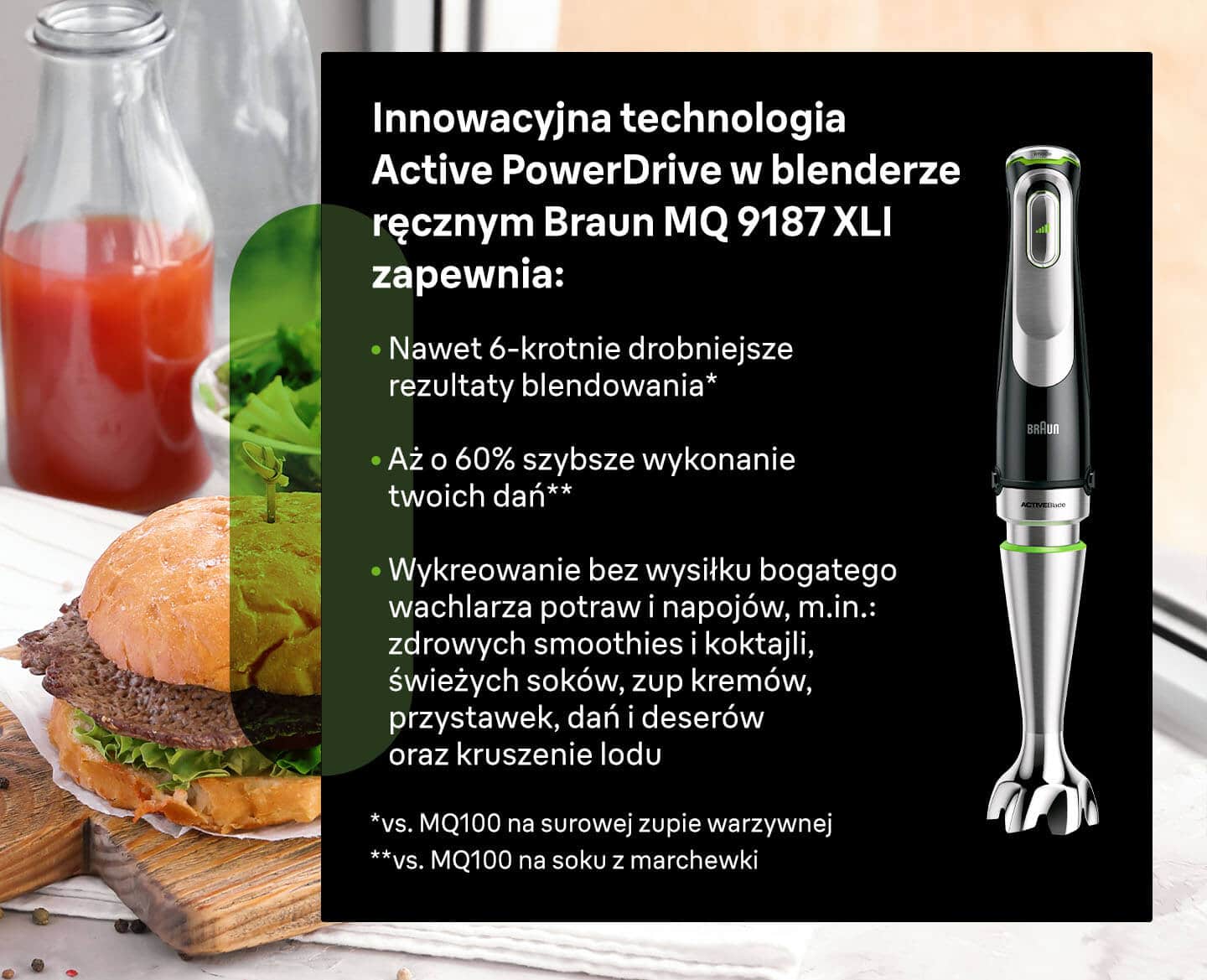 Innowacyjna technologia Active PowerDrive w blenderze ręcznym Braun MQ 9187XLI - infografika