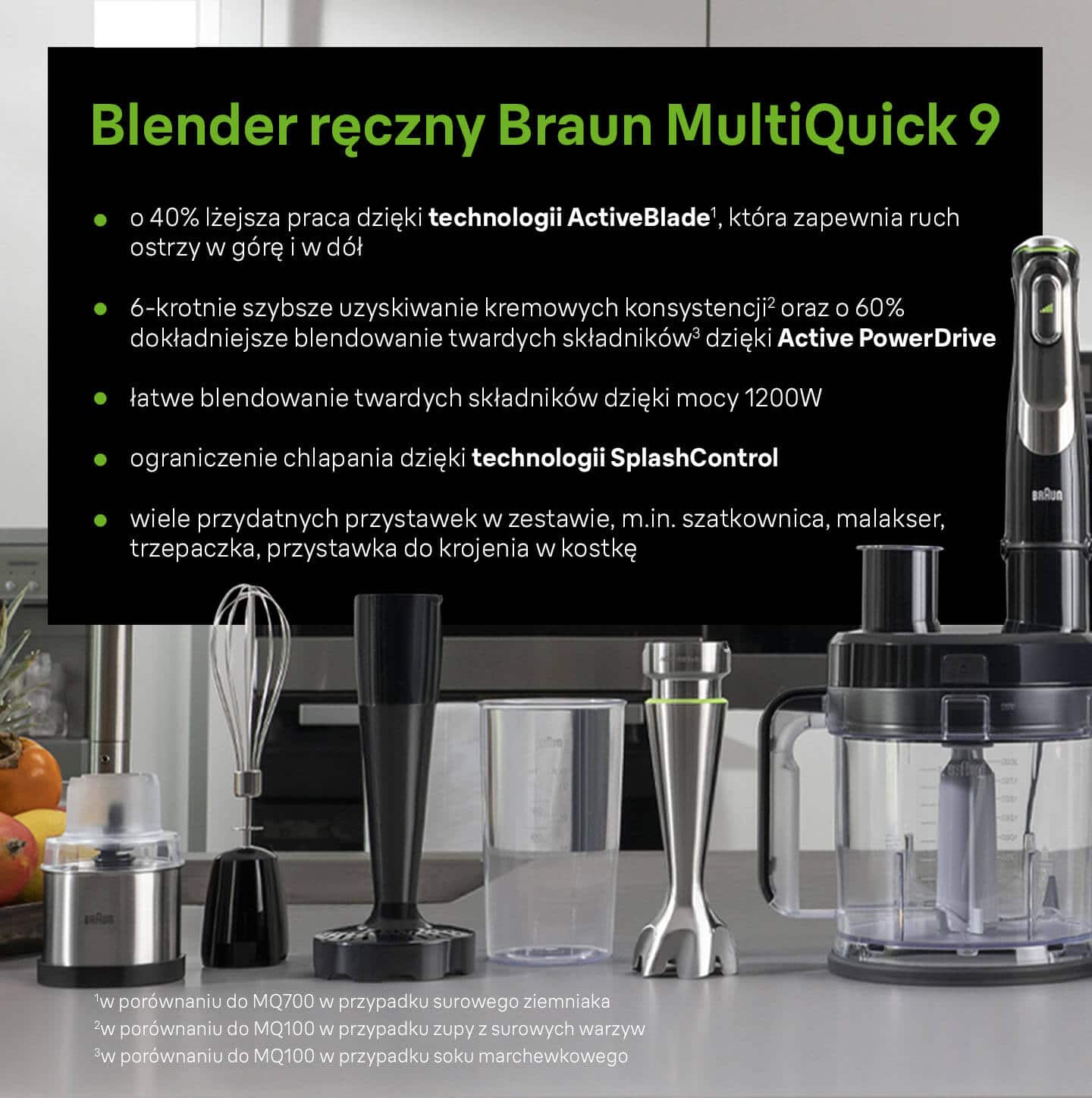 Blender ręczny Braun MultiQuick 9: technologia Active Blade, Active PowerDrive i technologia SplashControl, wiele przydatnych przystawek w zestawie - infografika