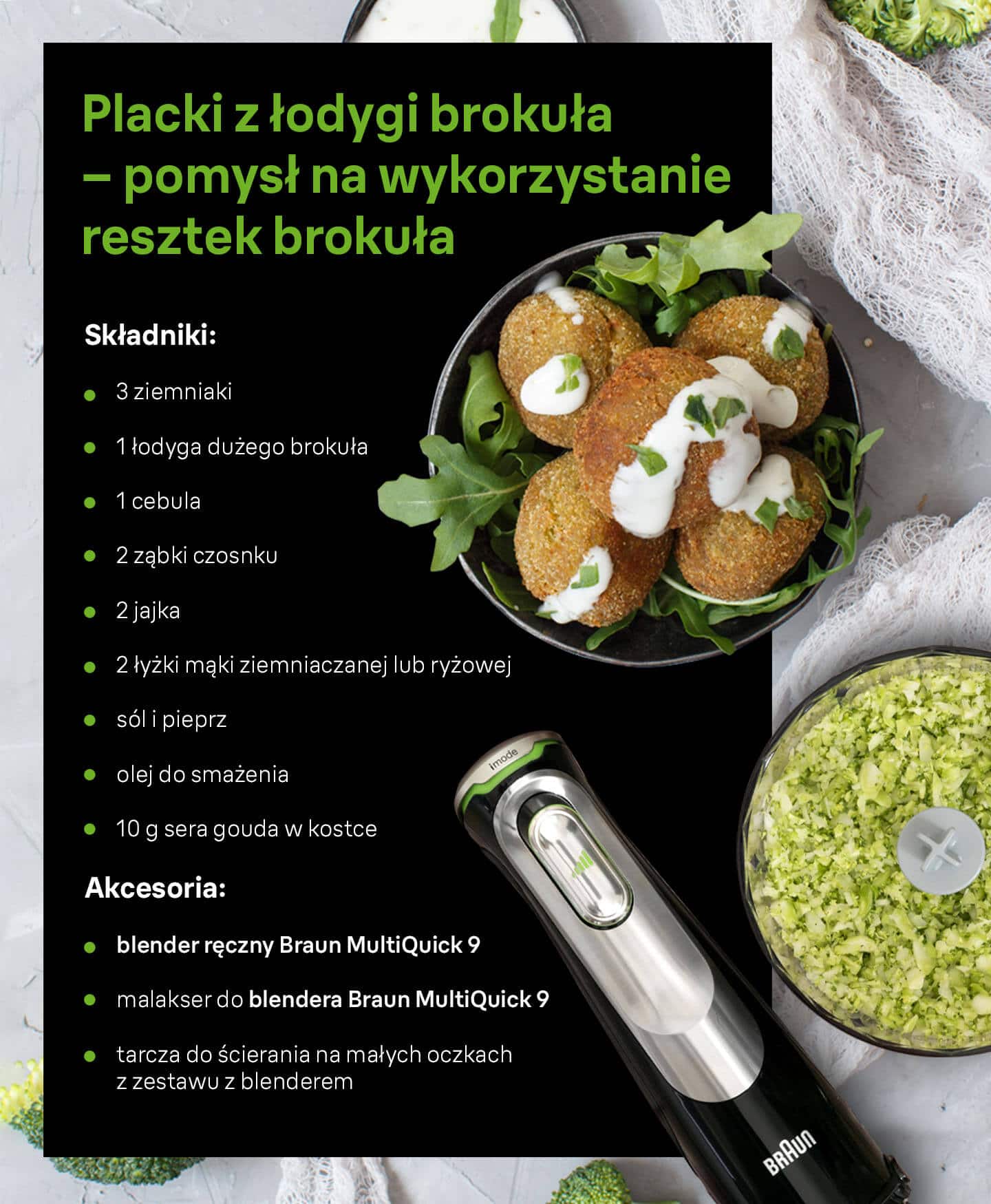 Placki z łodygi brokuła – pomysł na wykorzystanie resztek brokuła - składniki i niezbędne akcesoria - infografika